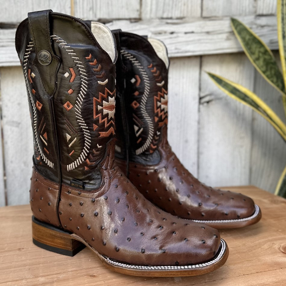The Western Shops Botas Occidentales De Cuero Con Estampado De Avestruz Negra Con Punta Cuadrada Para, Negro -, 6