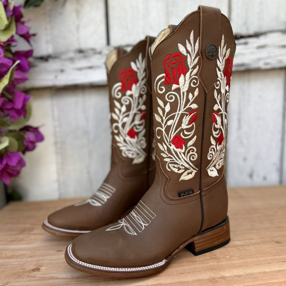 DA-Sidney Brown- Embroidered Cowboy Boots for Women Mexican Boots