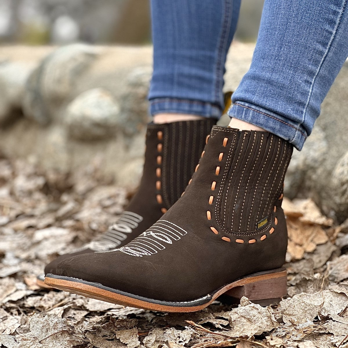 Botin Tejido Cafe - Botines Vaqueros de Nobuck para Mujer - Botines Vaqueros