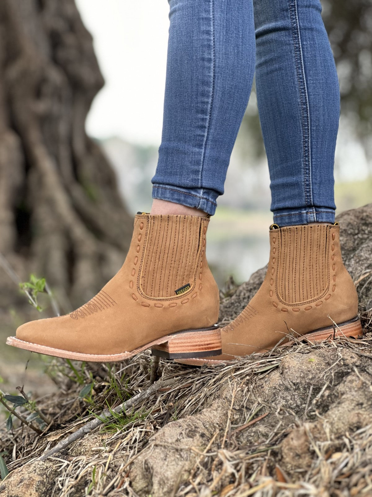 Botin Tejido Miel - Botines Vaqueros de Nobuck para Mujer - Botin Vaquero para Mujer