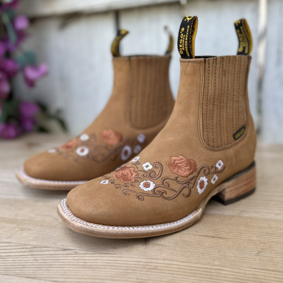 Botin SB-Flores Miel Botines Vaqueros de Nobuck con Bordado para Muj