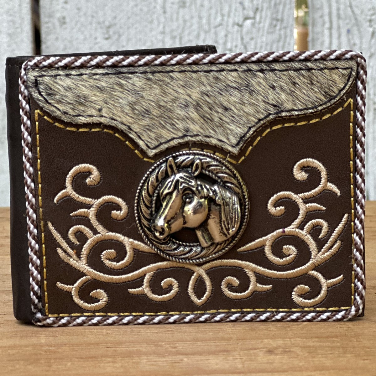 Brown Leather Western Wallet with Metallic Horse, Cowhide and Embroidery