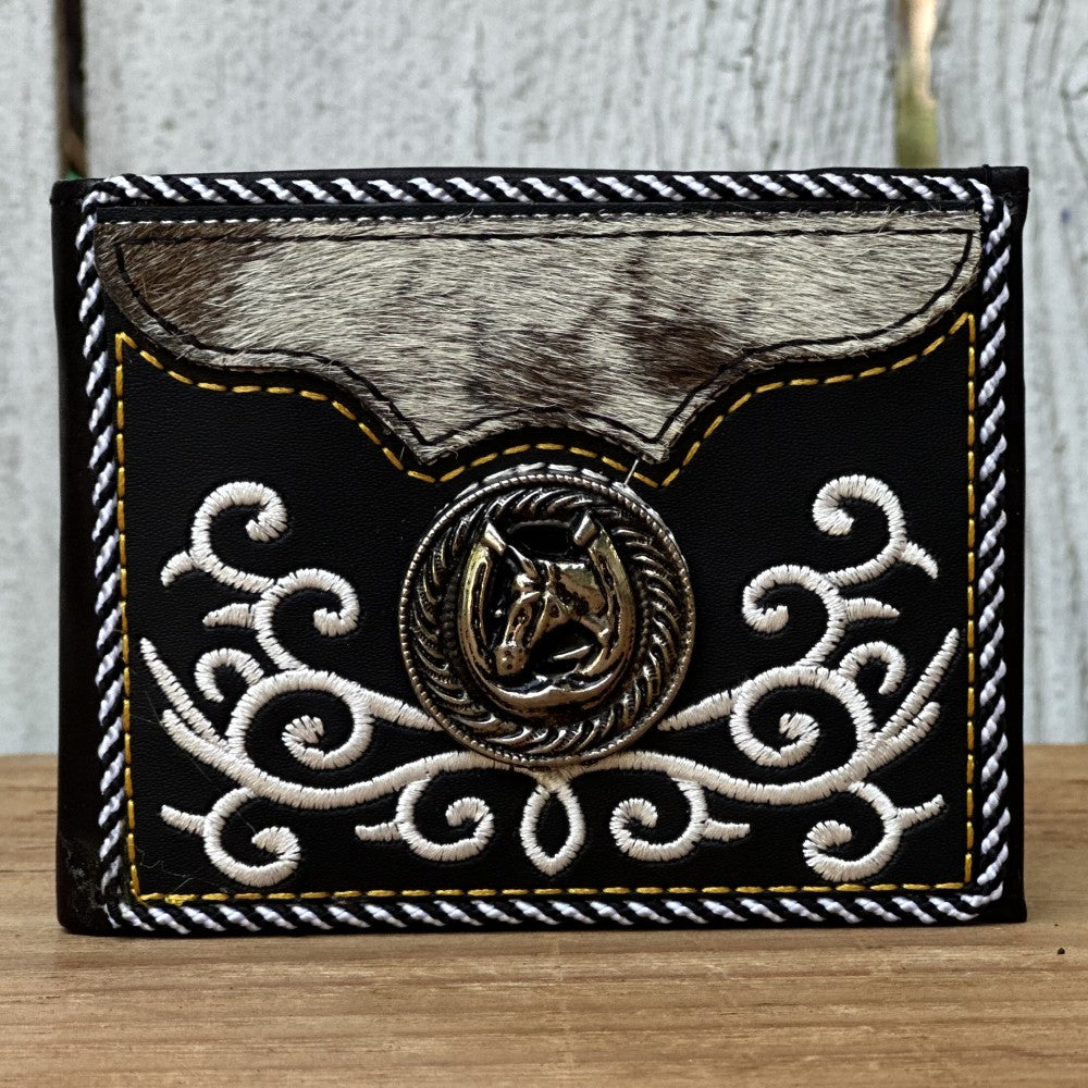 Black Leather Western Wallet with Metallic Horse, Cowhide and Embroidery