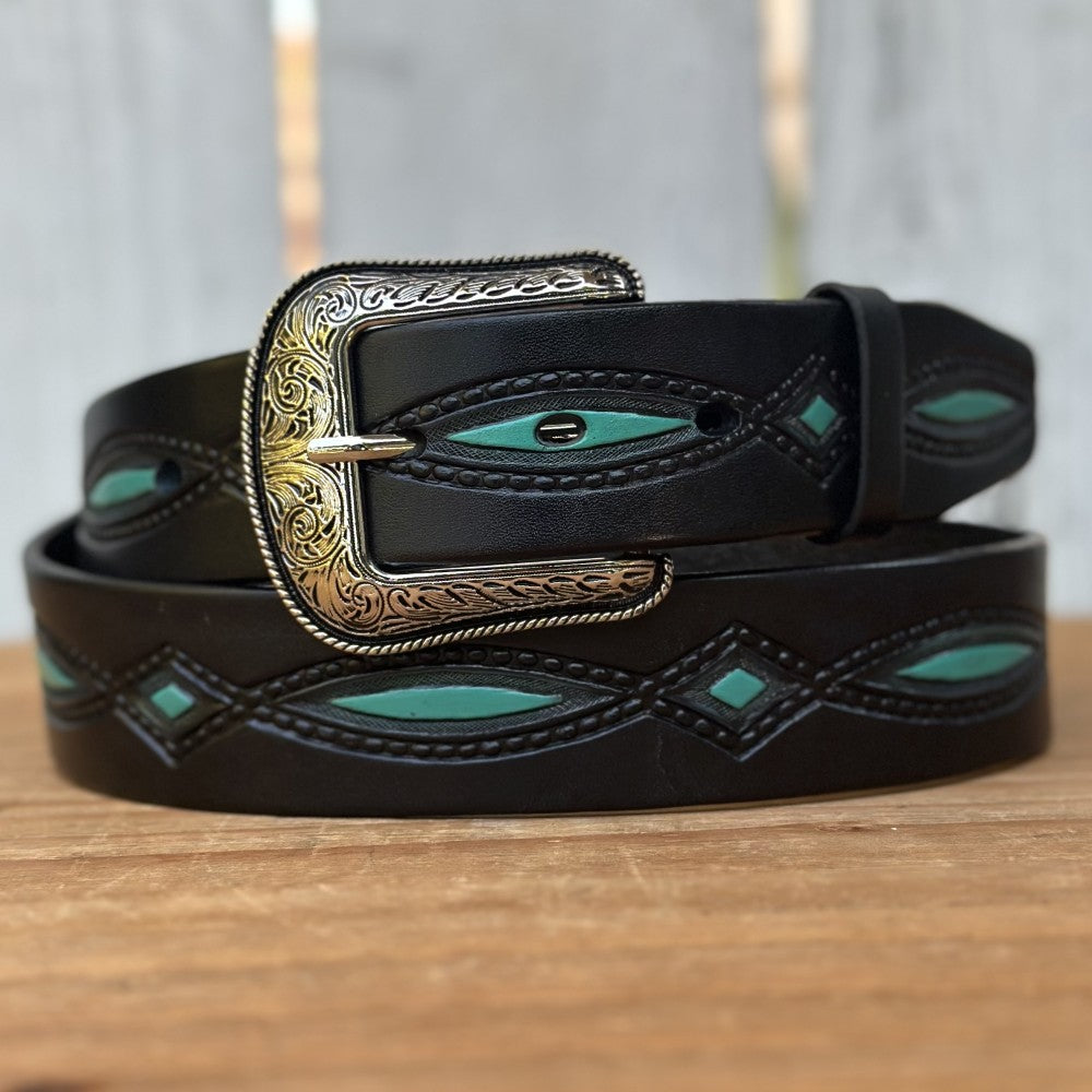 Black Leather Western-Style Belt with Turquoise Accents Handmade Leather Belt – Vintage Turquoise Stones Buckle  main image 4