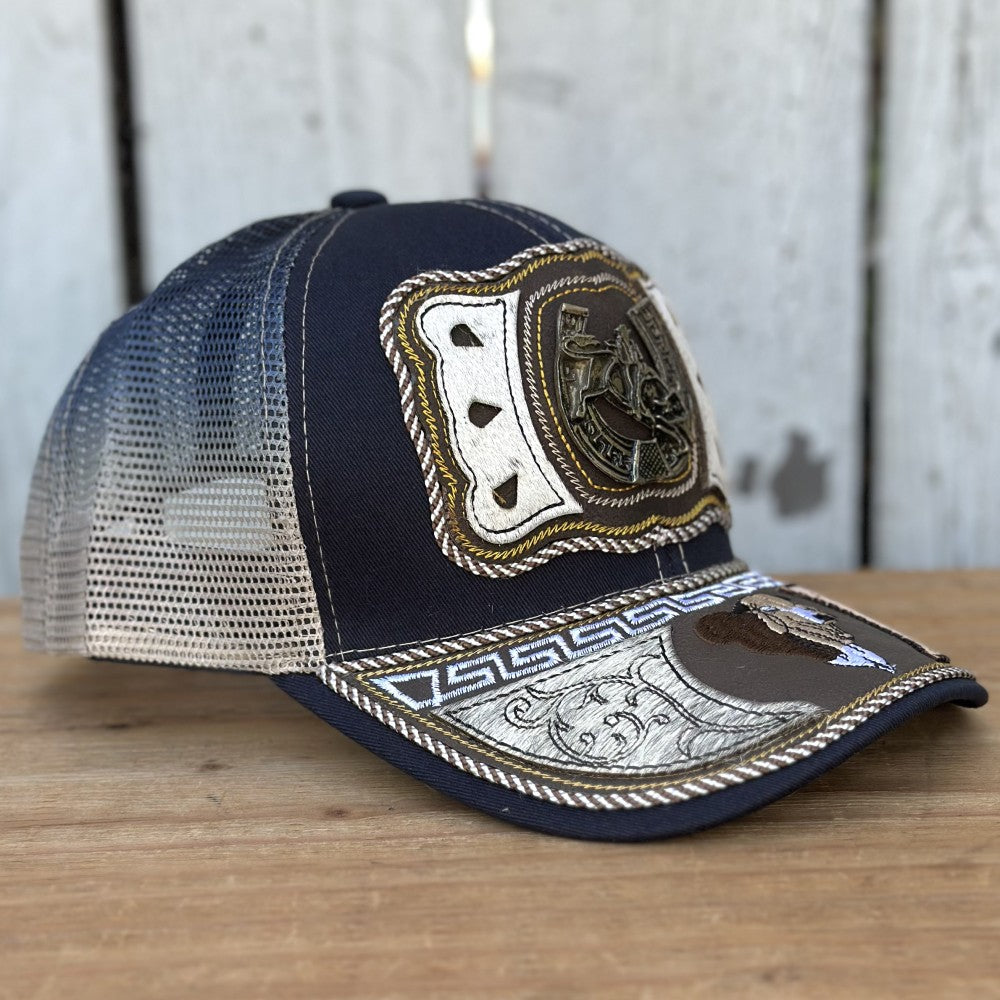 Gorra Vaquera Azul Marino y Beige con Jinete y Herradura | Gorras Artesanales Mexicanas