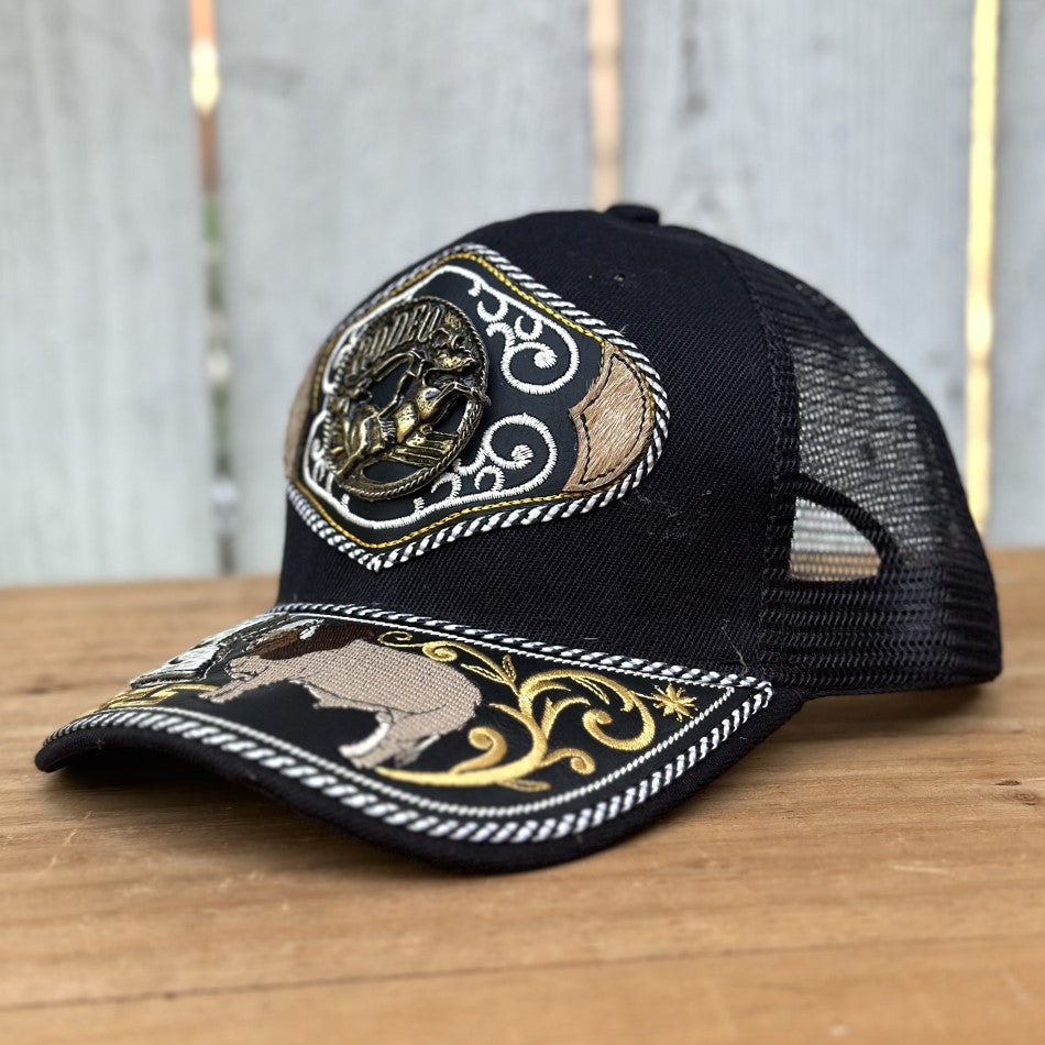 Gorra Vaquera Negra con Rodeo - Gorras Artesanales Mexicanas