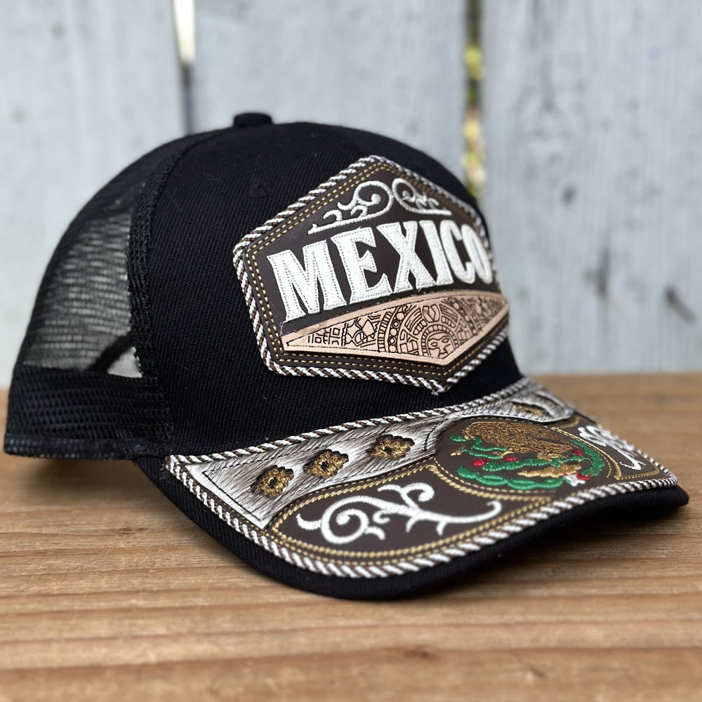 Gorra Vaquera Artesanal Negra “Orgullo Mexicano” con Bordado y Detalles de Pelo de Res | Gorras Mexicanas (5)