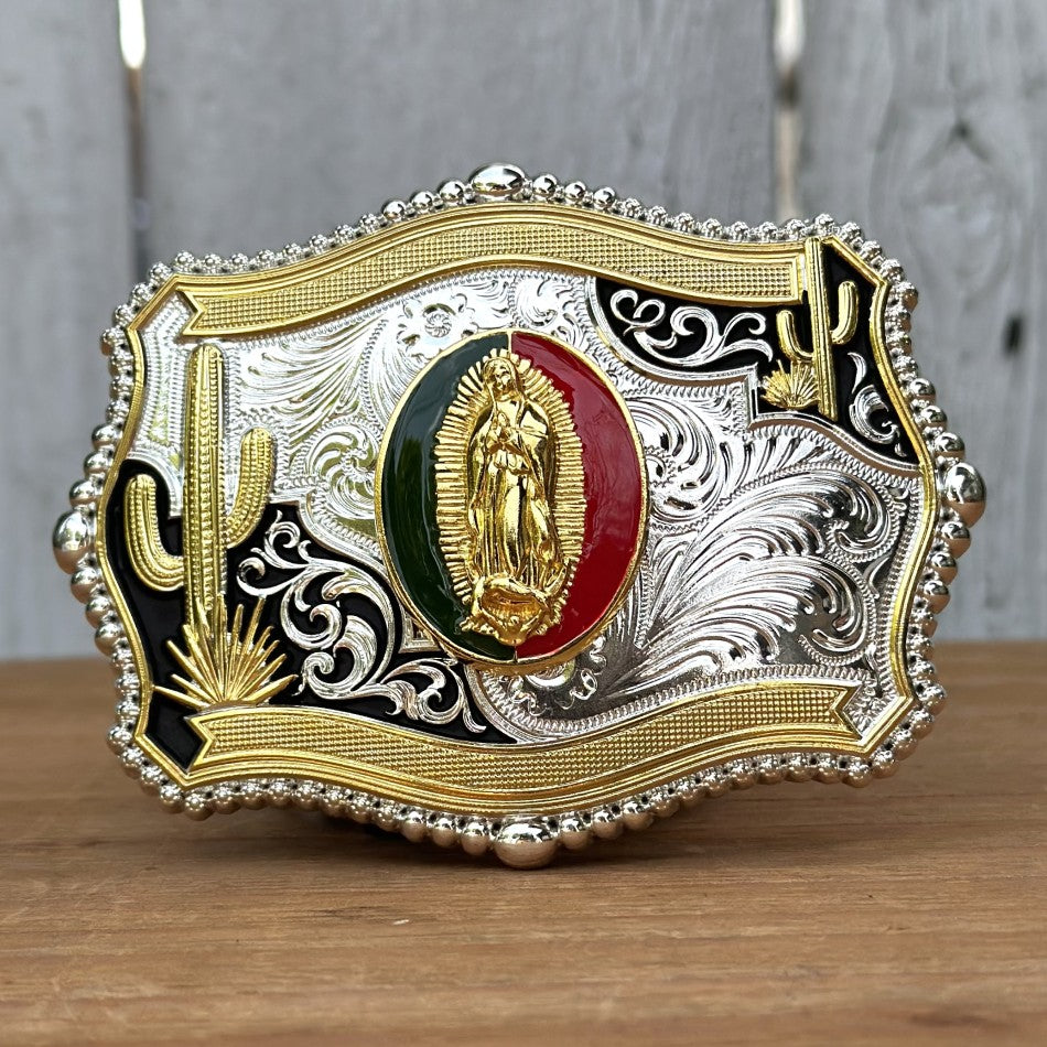 Hebilla Dorada y Plateada con Diseño de Virgen de Guadalupe Versión 1 - Hebillas Vaqueras para Cinturones (5)