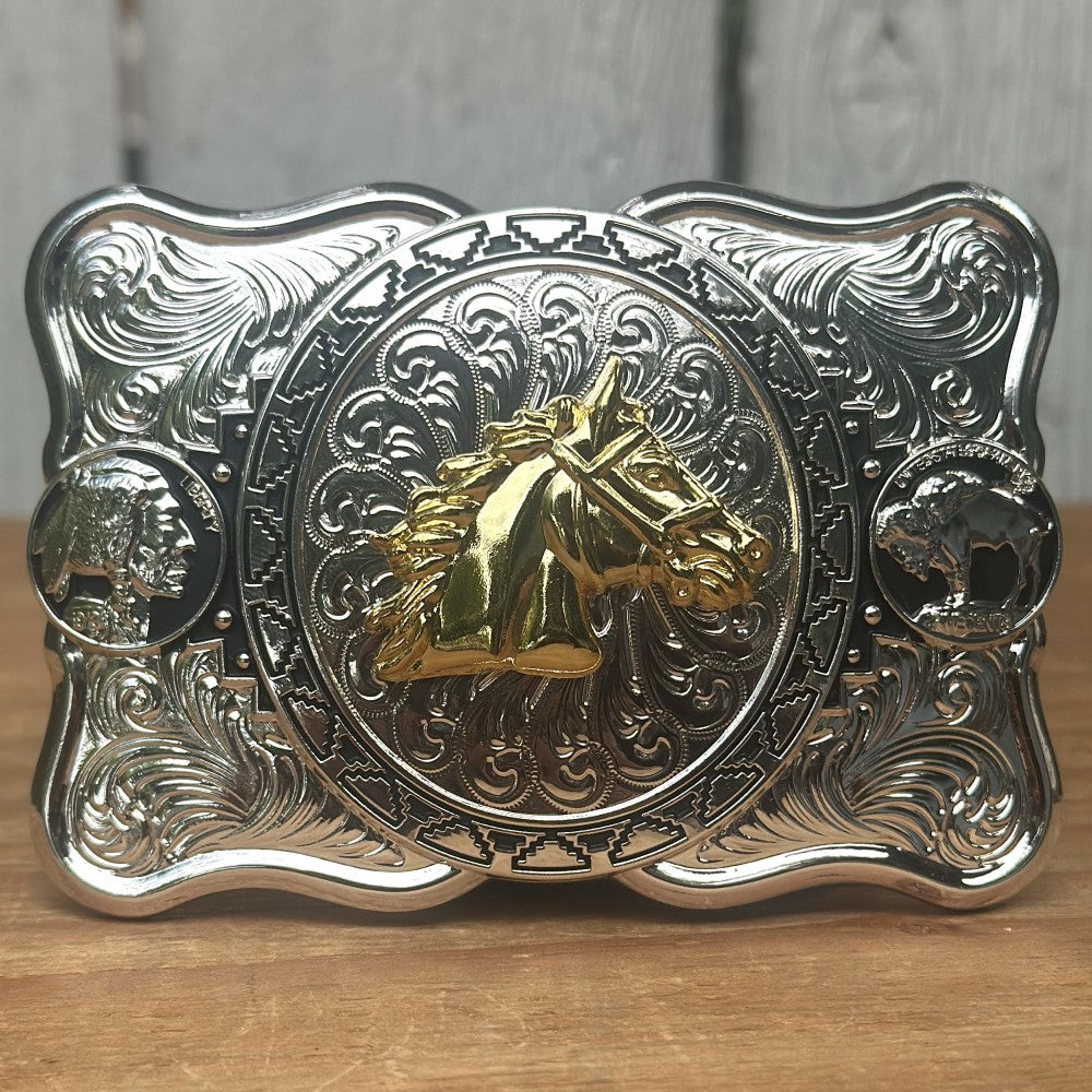 Hebilla Vaquera Plateada con Cabeza de Caballo Dorada CB-01 - Hebillas Vaqueras para Hombre (4)