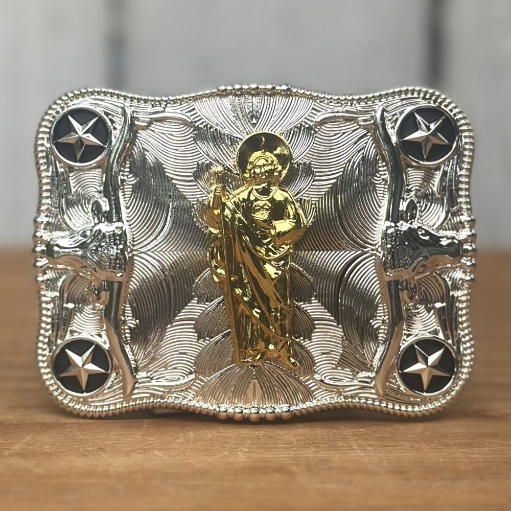 Hebilla Vaquera Plateada con San Judas Dorado CB-03- Hebillas Vaqueras para Hombre (5)