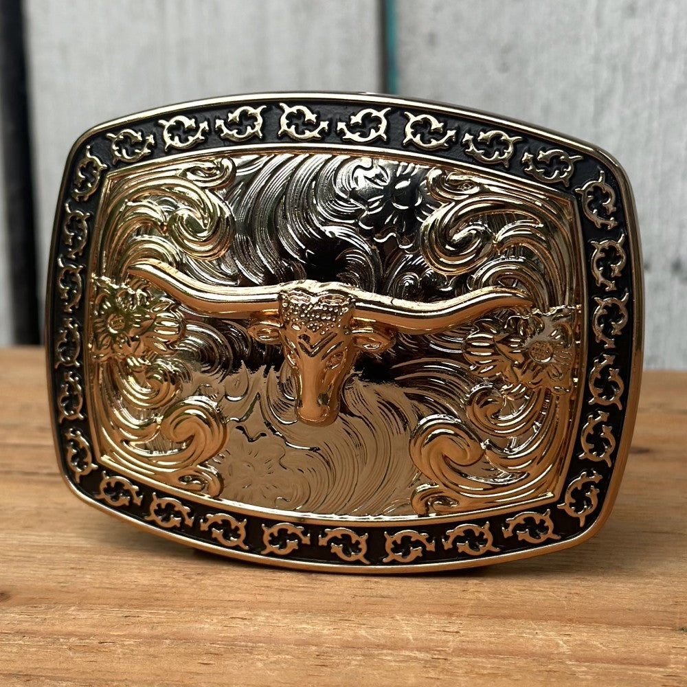 Hebilla Vaquera Plateada, Dorada y Negra con Toro Longhorn - Hebillas Vaqueras para Cinturones (4)