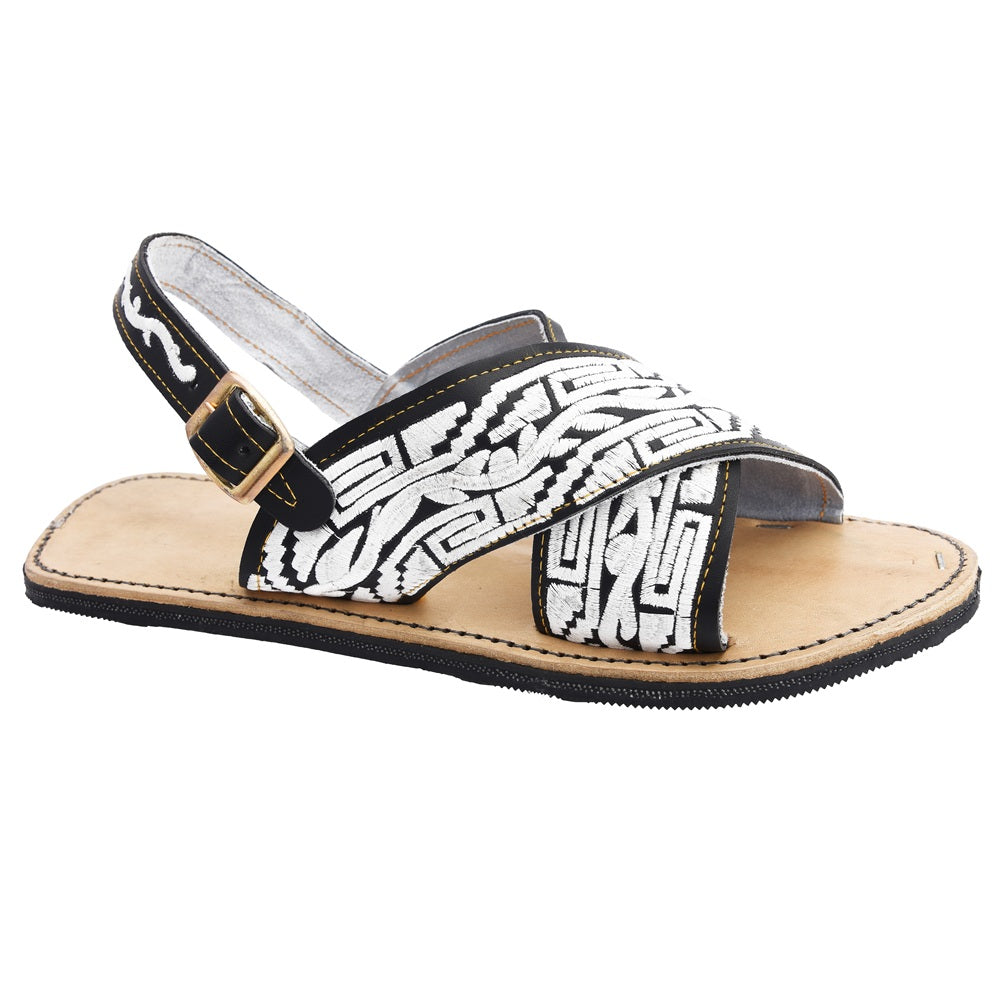 PM-33111 Cruzado Bordado Negro - Huaraches Artesanales Mexicanos para Hombre - Huaraches de Piel