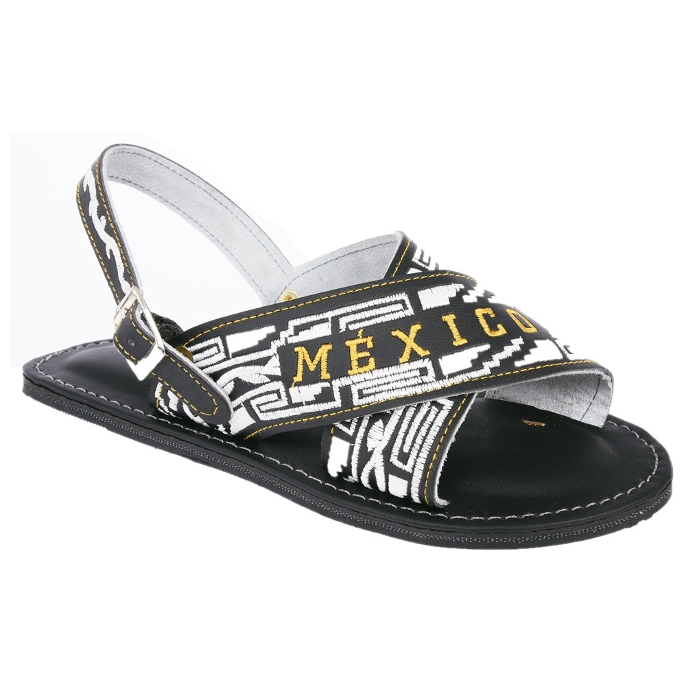 PM-33113 Cruzado Bordado Negro - Huaraches Artesanales Mexicanos para Hombre - Huaraches de Piel
