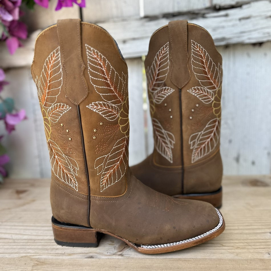 SB-300 Miel Bota Vaquera para Mujer con FLores Bordadas - Botas Vaqueras con Suela de Vaqueta - Botas Vaqueras Mexicanas (3)