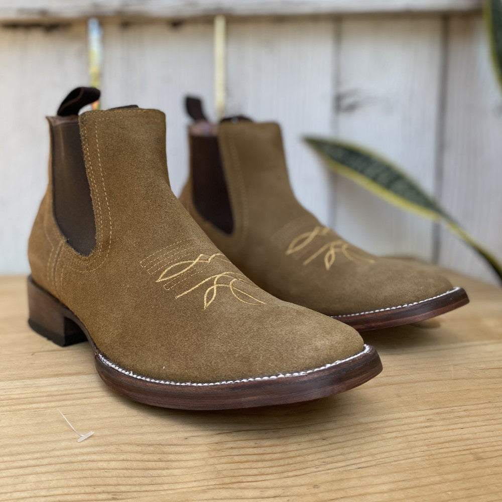 AS-010 Tan with Embroidery - Suede Western Ankle Boots for Men