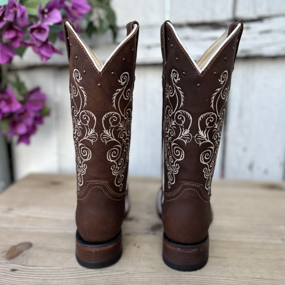 DA-2442 Cafe Bota Vaquera para Mujer - Botas Vaqueras Bordadas para Mujer - Botas Vaqueras Mexicanas