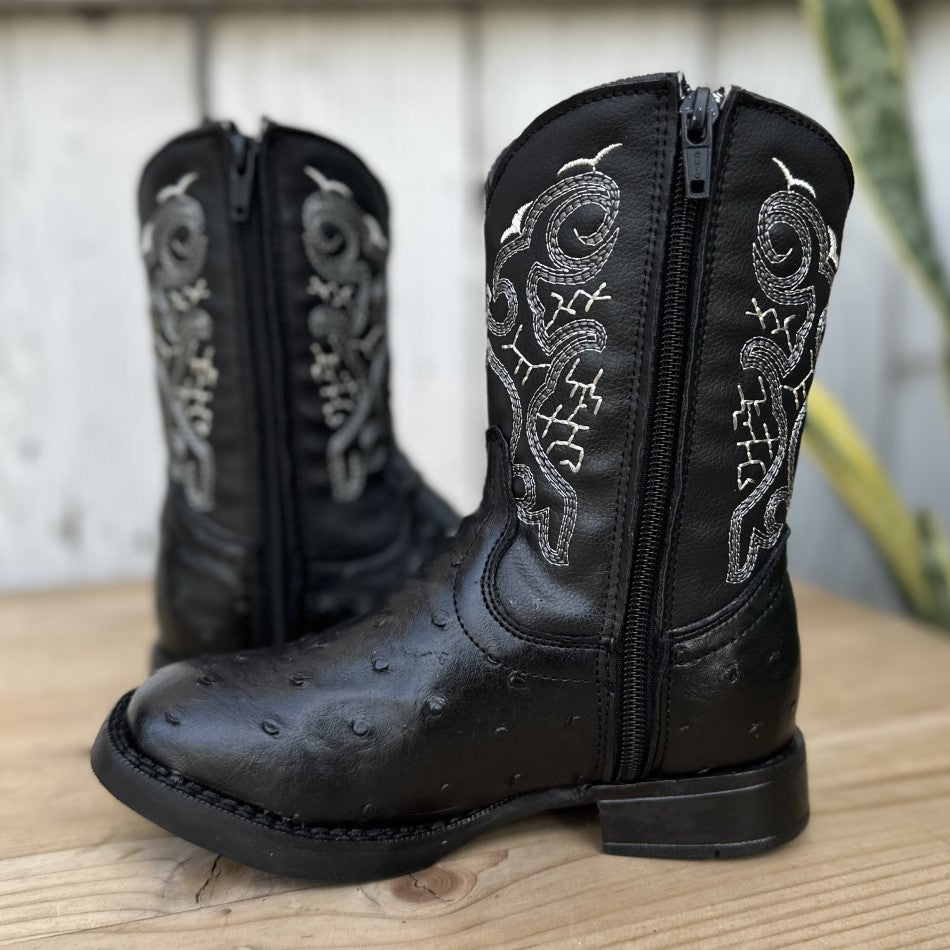 DA-703 Avestruz Imitacion Negro - Botas Vaqueras para Niños - Botas para Niños Vaqueras - Botas Vaqueras