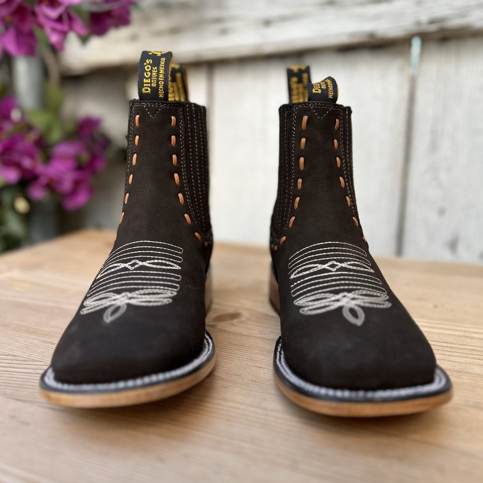 Botin Tejido Cafe de Nobuck - Botines Vaqueros para Mujer - Botines de Nobuck Vaqueros