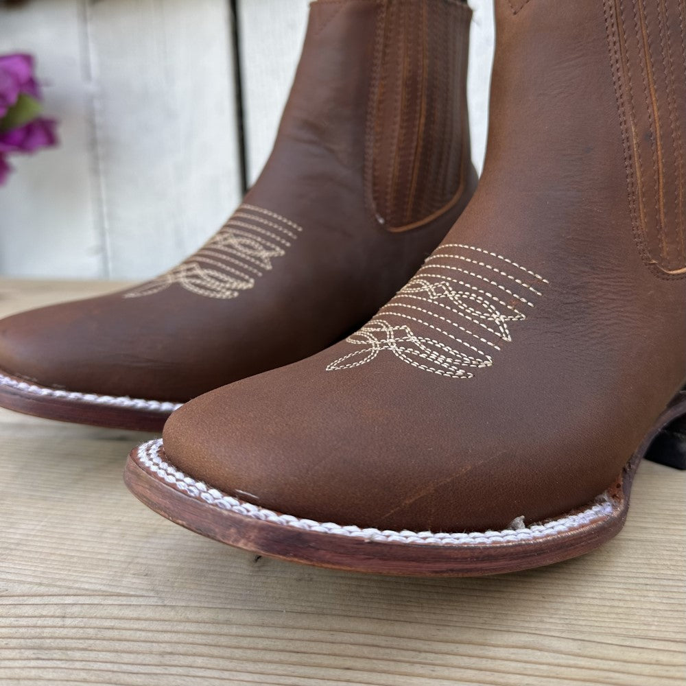 Botin Vaquero Piel Crazy color Cafe para Mujer - Botines Vaqueros para Dama - Botines Piel Crazy Vaqueros - Botines Vaqueros