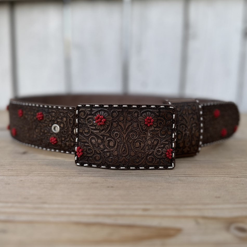 Cinturon Vaquero de Pita para Mujer Chocolate con Rojo - Cinturones Vaqueros para Mujer - Cinturon de Pita Original