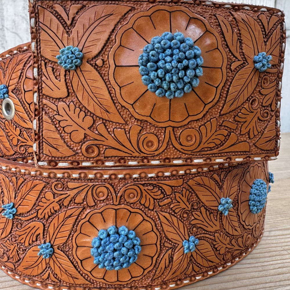 Cinturon Vaquero de Pita para Mujer Tan con Azul - Cinturones Vaqueros para Mujer - Cinturon de Pita Original