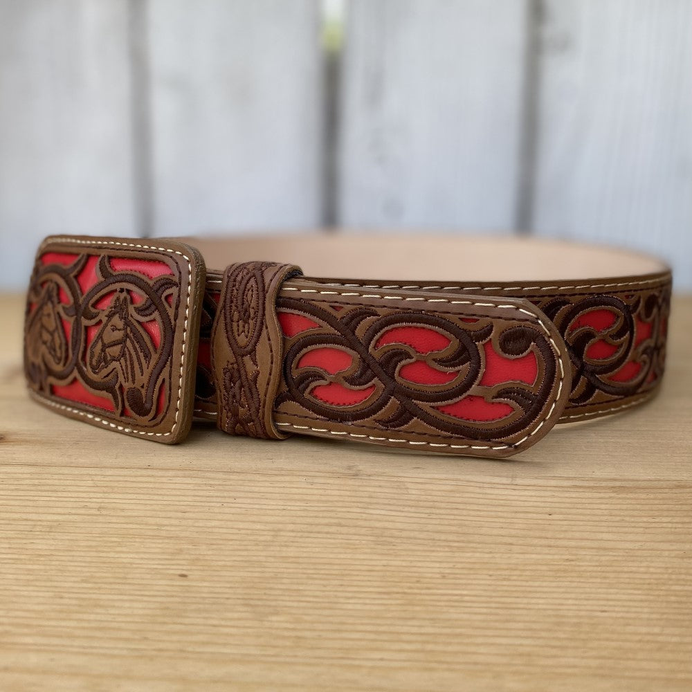 Cinturon Vaquero Mexicano - CB-Vaquero Rojo - Cinturon Rojo Bordado para Hombre - Cintos Vaqueros Bordados para Hombre - Cinturon para Hombre Bordado