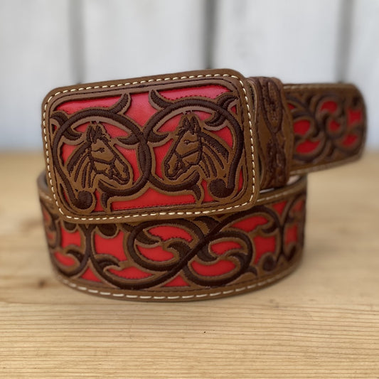 Cinturon Vaquero Mexicano - CB-Vaquero Rojo - CIntos para Mujer Vaqueros - Cinturon Bordado para Mujer - Cinturones Bordados Vaqueros para Mujer