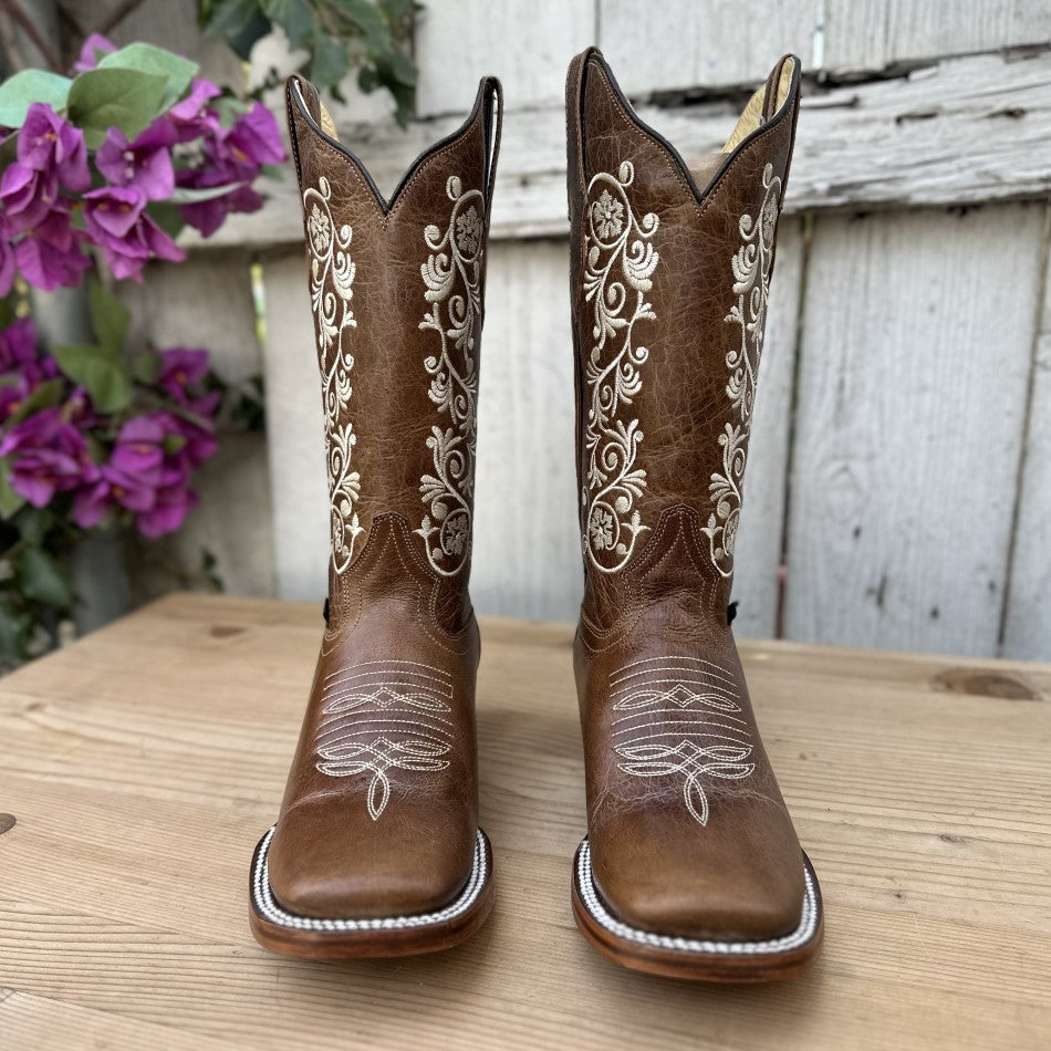 JB-1611 Cafe con Bordado - Bota Vaquera para Mujer con Bordado - Botas Vaqueras Bordadas