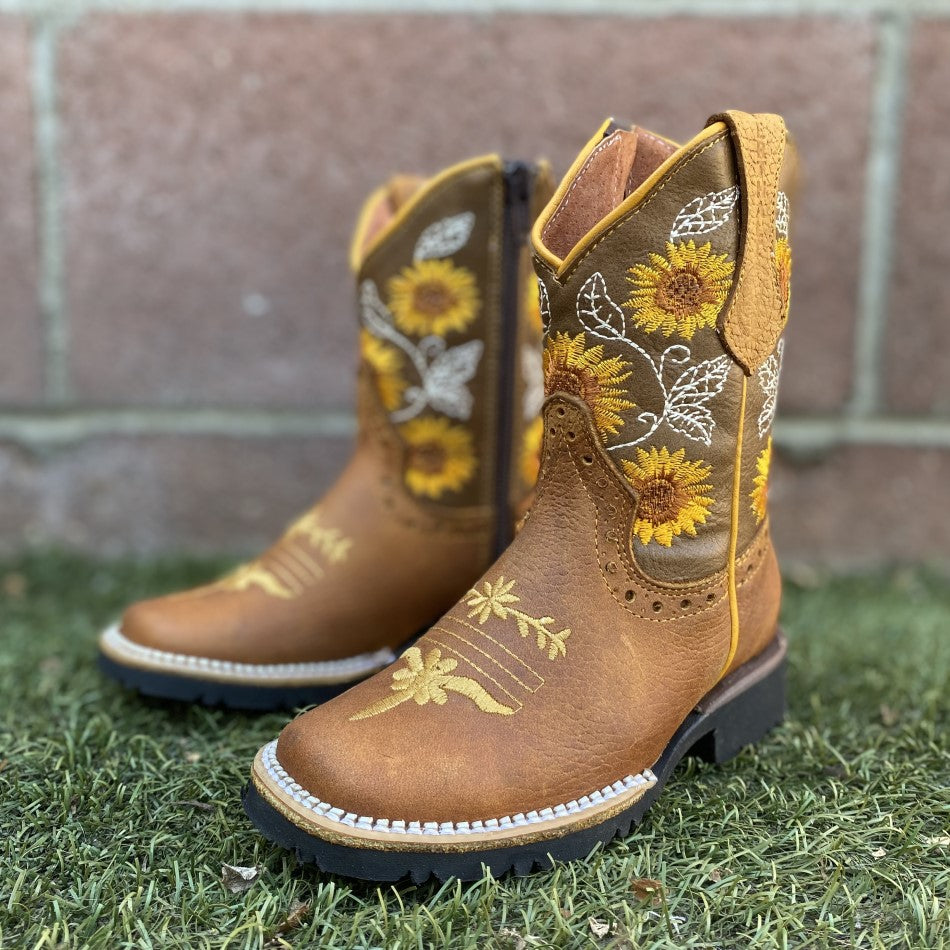 JB-VE32 Tan Girasoles - Botas Vaqueras para Niñas - Botas para Niñas Vaqueras - Botas para Niñas - Botas de Rodeo Niñas
