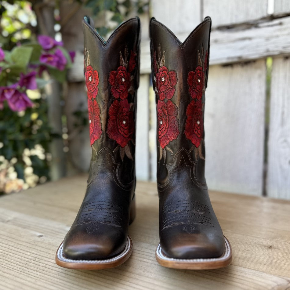 RC-Rocio Cafe Oscuro - Bota con ROsas Bordadas Vaquera - Bota para Mujer Vaquera - Botas Vaqueras