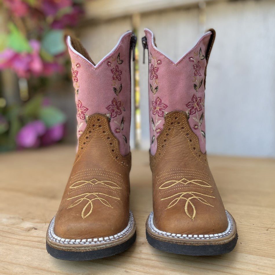 Selene-3 Tan con Rosa - Botas Vaqueras para Niñas - Botas para Niñas Vaqueras - Botas para Niñas - Botas de Rodeo Niñas
