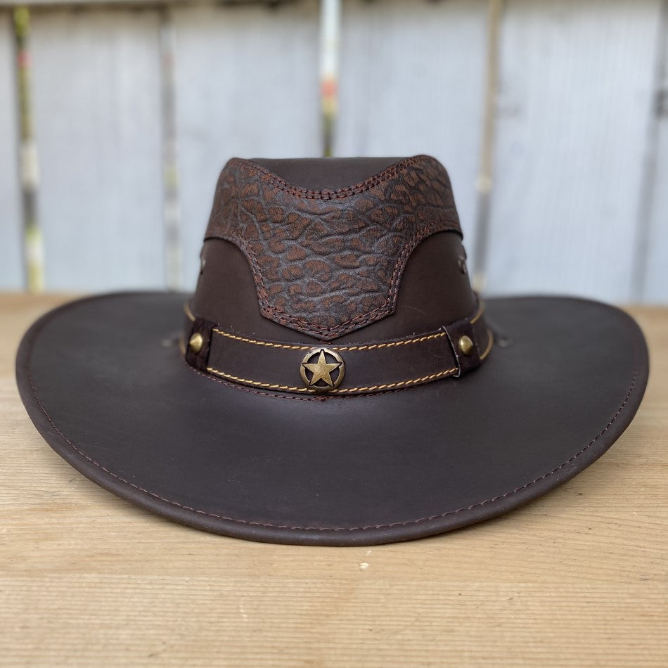 Sombrero de Cuero Cafe con Grabado de Cuello de Toro - Sombreros de Cuero - Sombreros de Cuero para Hombre