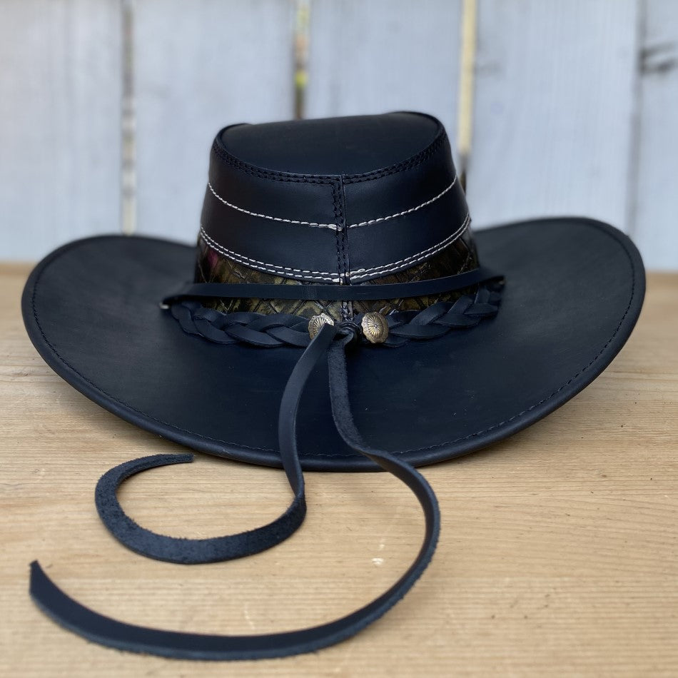 Sombrero de Cuero Negro con Cocodrilo Imitacion - Sombreros de Cuero Negro - Sombreros de Cuero para Hombre