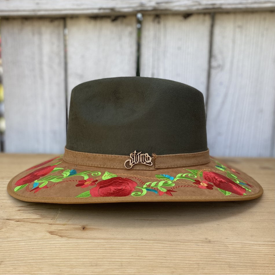 Sombrero de Fieltro para Mujer Verde Olivo con Rosas - Sombrero de Fieltro con Rosas para Mujer - Sombrero Mexicano de FIeltro para Mujer - Sombreros de Fieltro