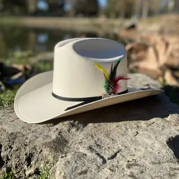 100X Fantasma with Feather Cuernos Chuecos Cowboy Hat