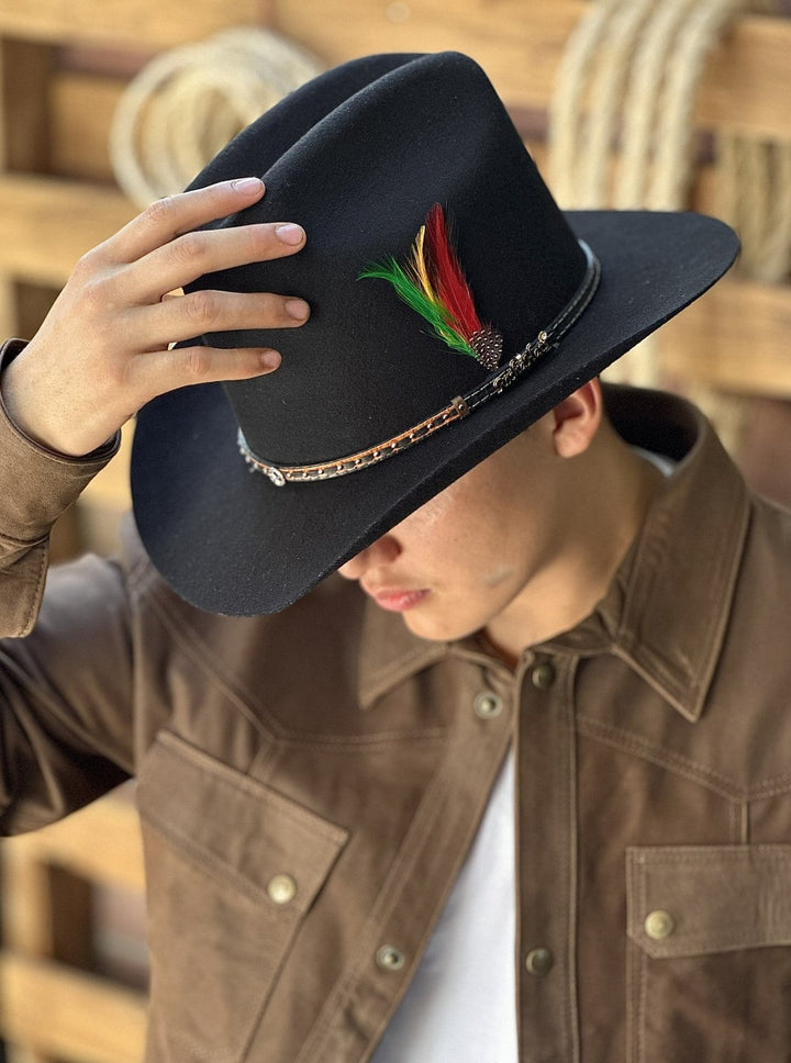 20X Dos Carnales Negro con Pluma - Texanas Vaqueras para Hombre - Texanas Rocha Hats para Hombre de Fieltro