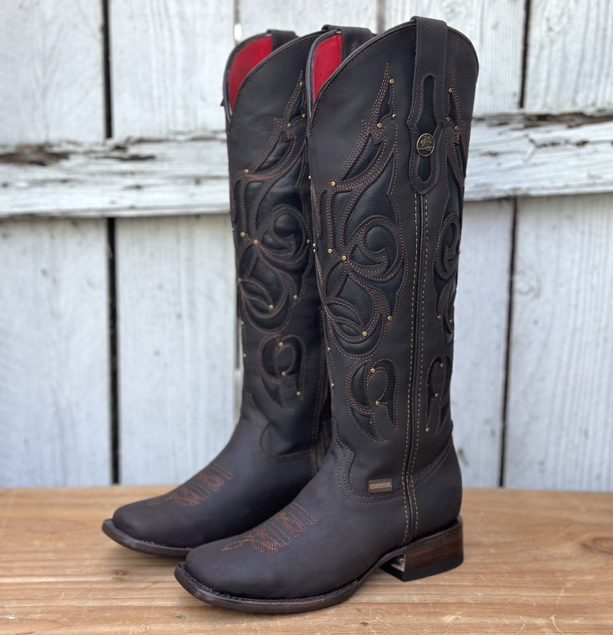 Bota Vaquera Café de Tubo Alto con Estoperoles para Mujer | CB-Ruby