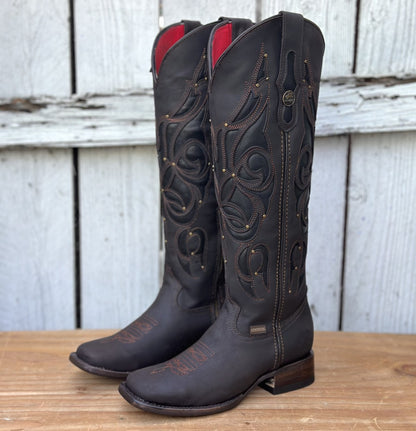 Bota Vaquera Café de Tubo Alto con Estoperoles para Mujer | CB-Ruby