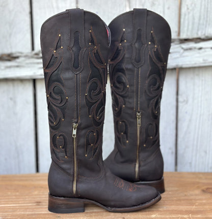 Bota Vaquera Café de Tubo Alto con Estoperoles para Mujer | CB-Ruby (2)