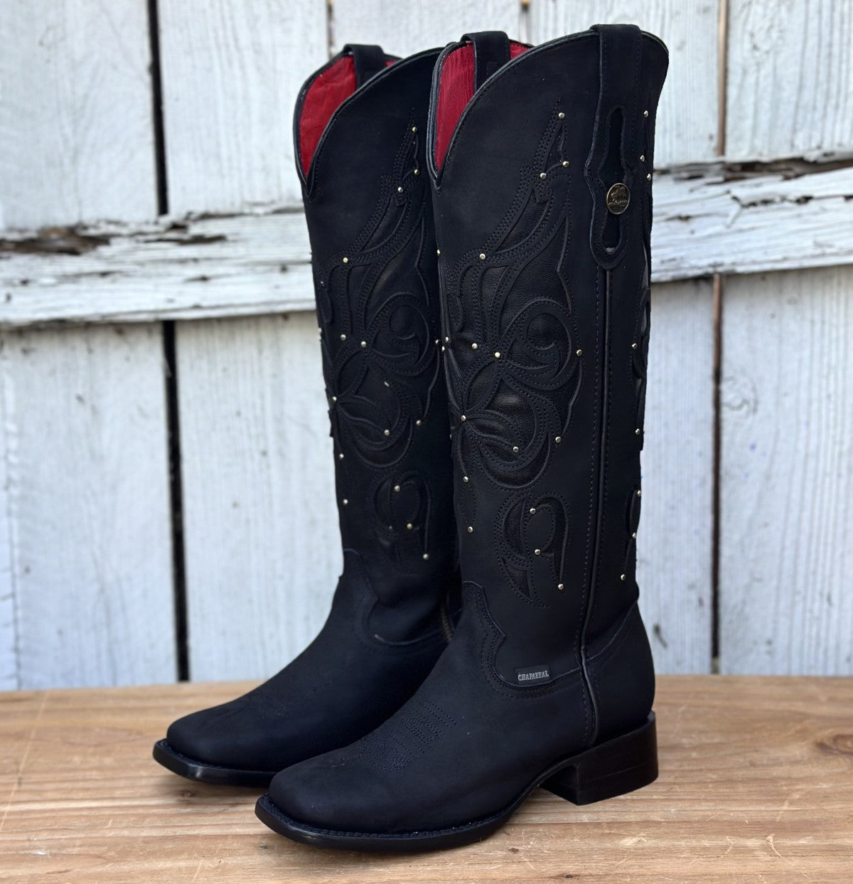 Bota Vaquera Negra de Tubo Alto con Estoperoles para Mujer | CB-Ruby