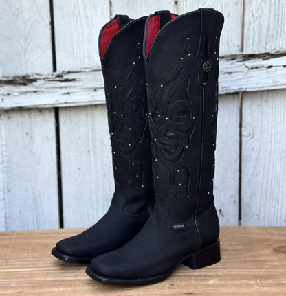 Bota Vaquera Negra de Tubo Alto con Estoperoles para Mujer | CB-Ruby
