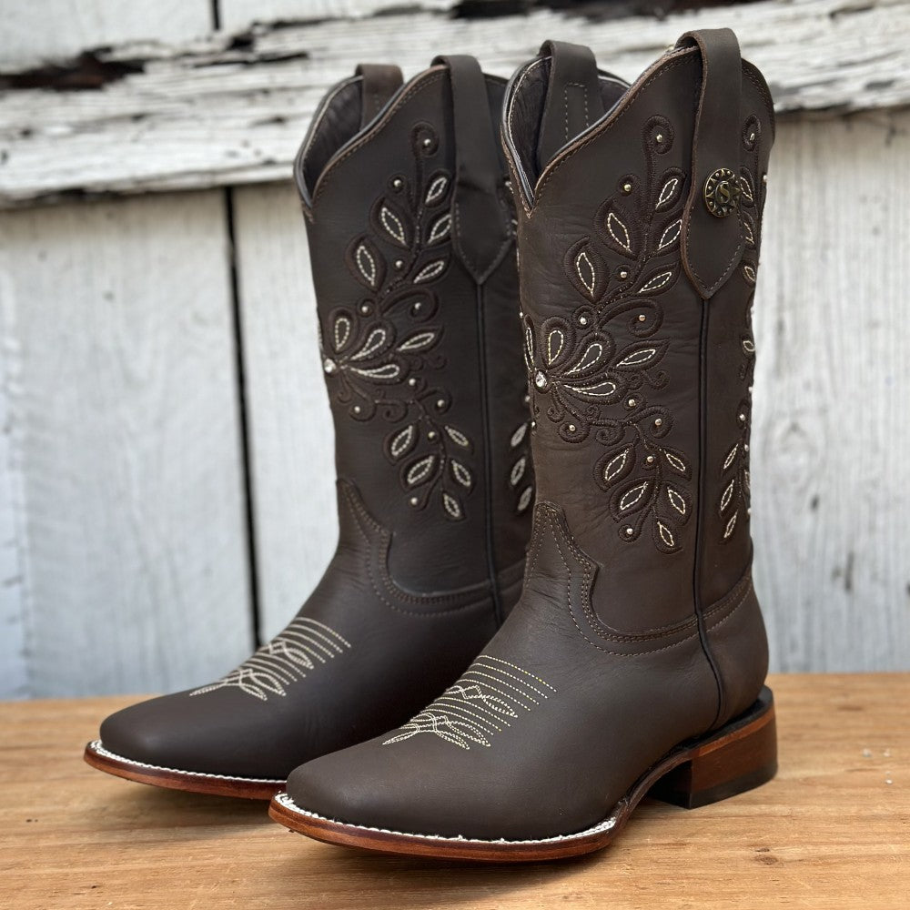 Bota Vaquera Café con Bordado Floral para Mujer | SB-Margie