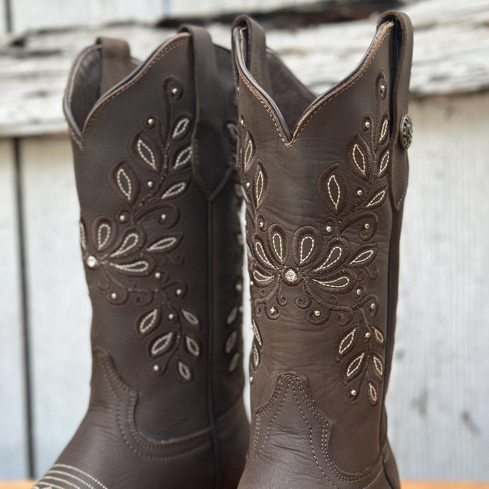 Bota Vaquera Café con Bordado Floral para Mujer | SB-Margie | Hecho en Mexico