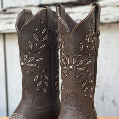 Bota Vaquera Café con Bordado Floral para Mujer | SB-Margie | Hecho en Mexico