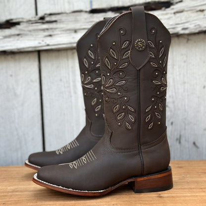 Bota Vaquera Café con Bordado Floral para Mujer | SB-Margie (4)