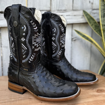 DA-420 Black Ostrich Print Exotic Cowboy Boots for Men