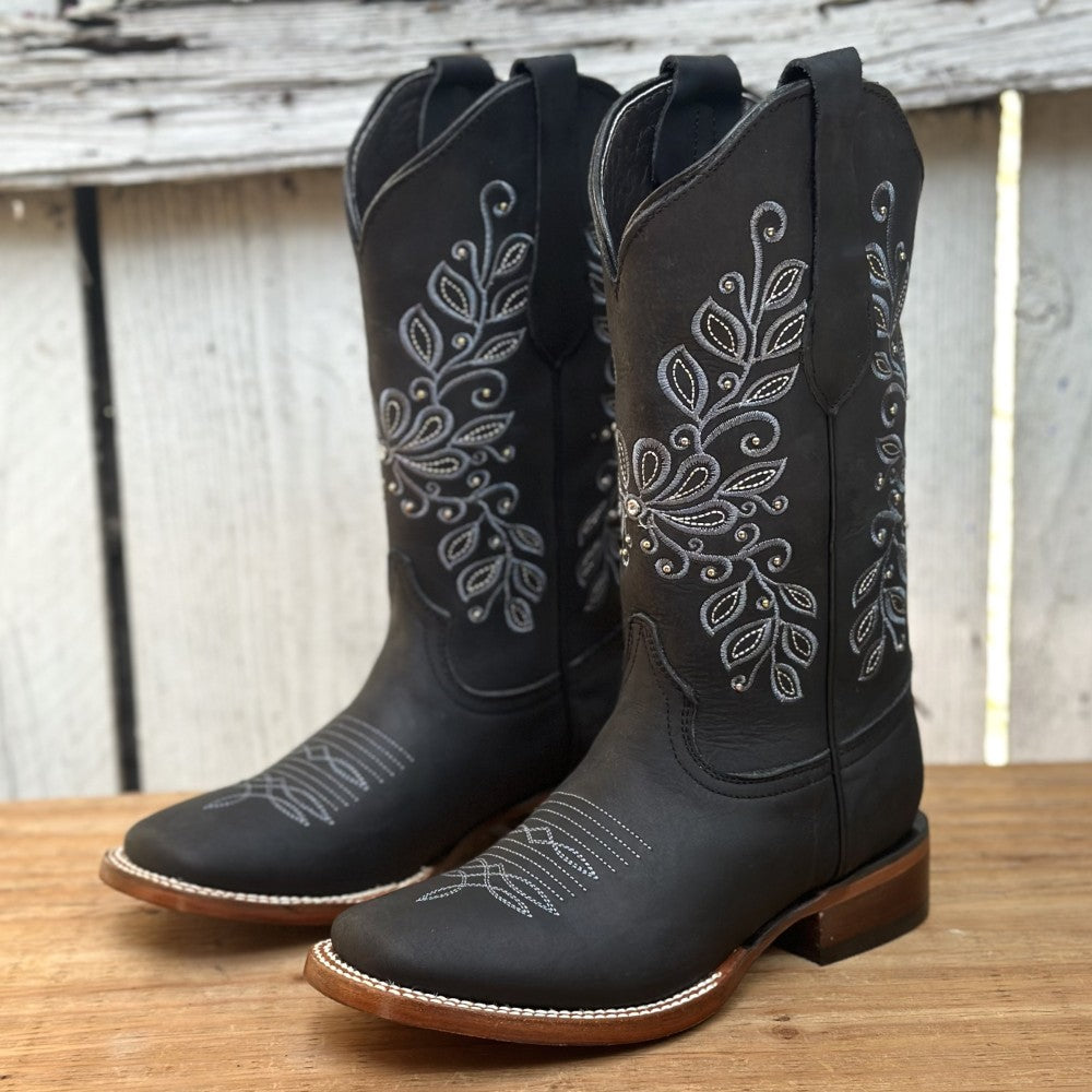 Bota Vaquera Negra con Bordado Floral para Mujer | SB-Margie 