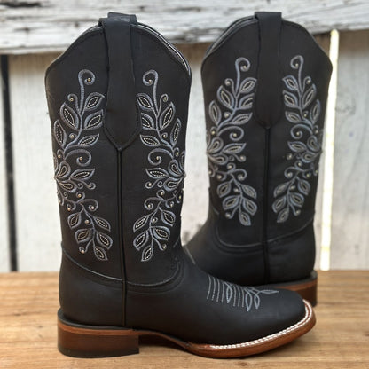 Bota Vaquera Negra con Bordado Floral para Mujer | SB-Margie (2)