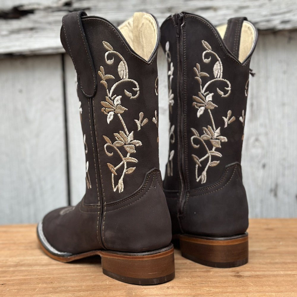 Bota Vaquera Café con Bordado Floral para Mujer | SB-430 | Botas Cortas