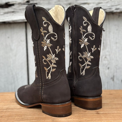 Bota Vaquera Café con Bordado Floral para Mujer | SB-430 | Botas Cortas